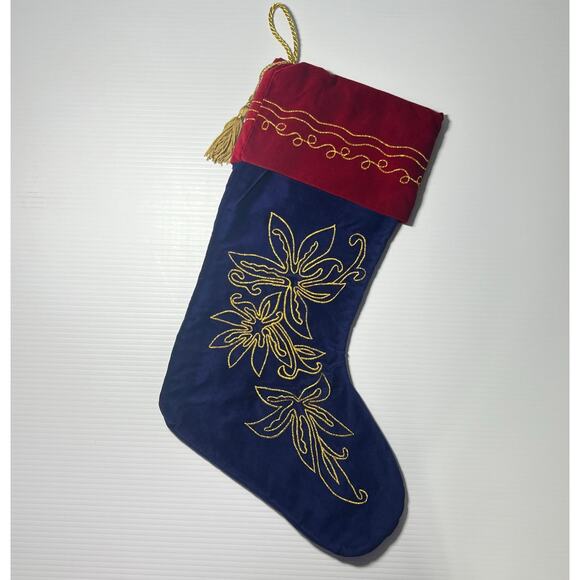 Navy Blue and Maroon Velvet Gold Embroidered Christmas Stocking Tassel 18 Inches - Picture 8 of 8